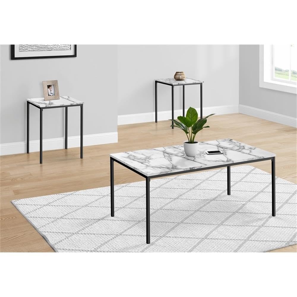 Monarch Specialties 7892p, 3pcs, Coffee, End, Black Metal, White Marble Look Laminate, Contemporary TABLE SET, 42&quot; L x 22&quot; W x 18&quot; H