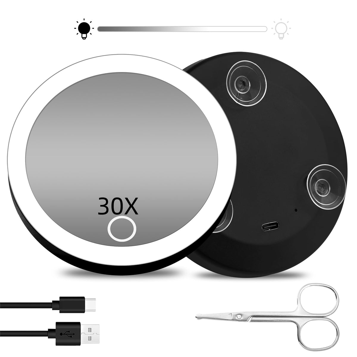 Suupvaor Magnifying Mirror with Light 30x, Small Travel Magnifying Mirror with Suction Cups, Rechargeable 4inch Lighted Dimming 