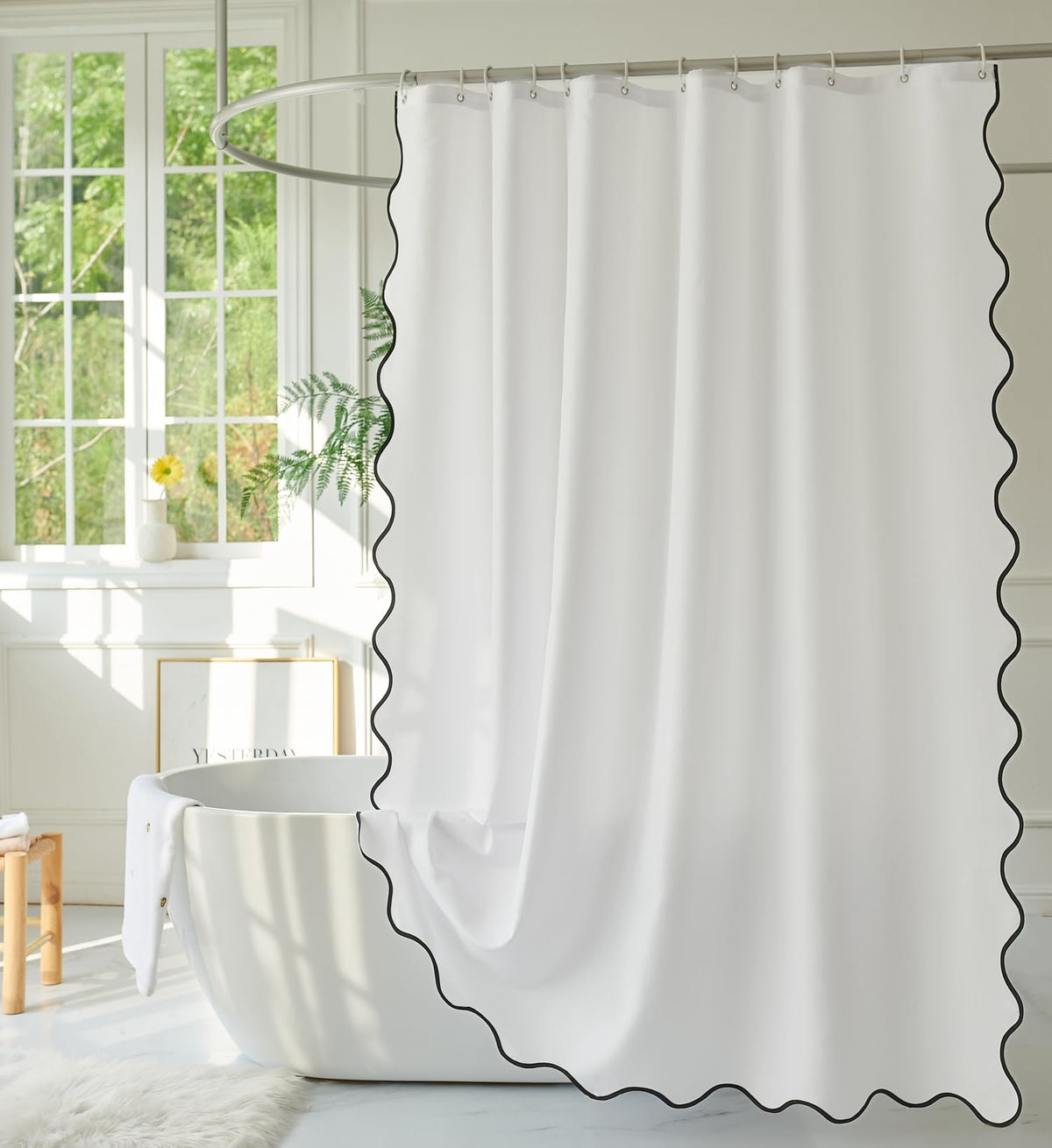 Youngseahome White Fabric With Black Scalloped Border Shower Curtain,Boho Chic Cloth Shower Curtain For Bathroom Showers,96 X 72 Inches