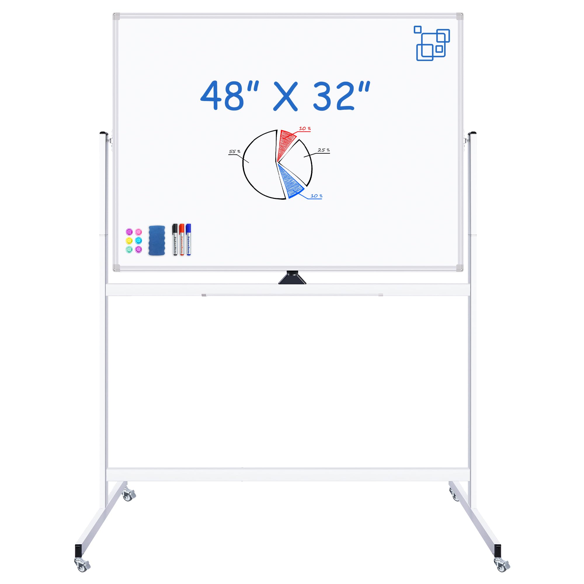 Large Rolling White Board, 48X32 In White Board On Wheels, Maxtek Double-Sided Magnetic Mobile Whiteboard With Stand School Supp
