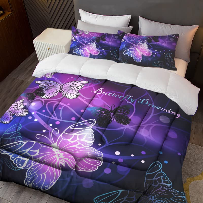 Sunnycitron 3D Purple Butterfly Bedding Queen Comforter Set Dreamy Butterfly Comforter Set For Girls Neon Butterflies Purple Bed