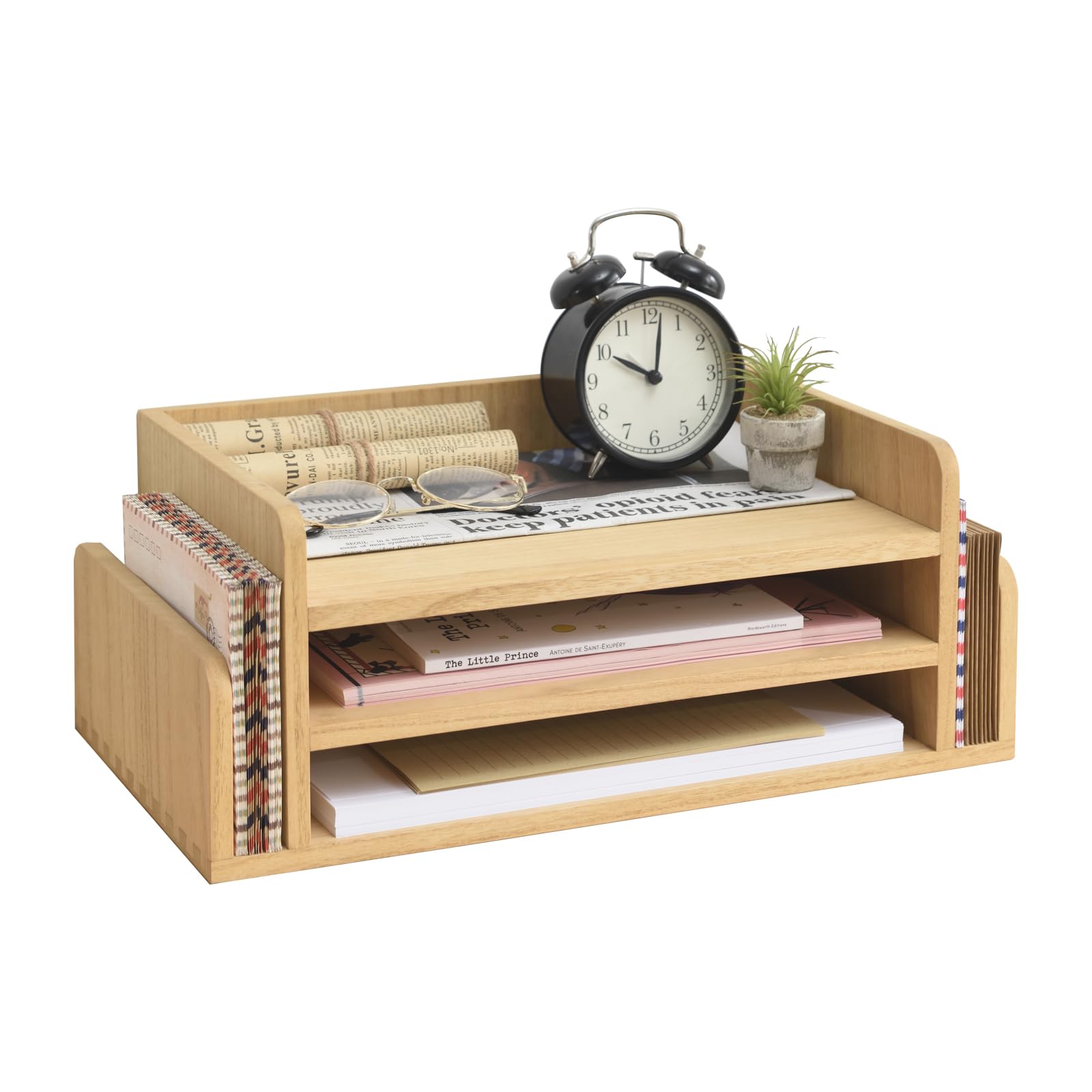 Kirigen Wood 3-Tier Office Desktop Document Tray - Mail Sorter Organizer Rack - Wooden Document Letter Stand For Folders, Mail,