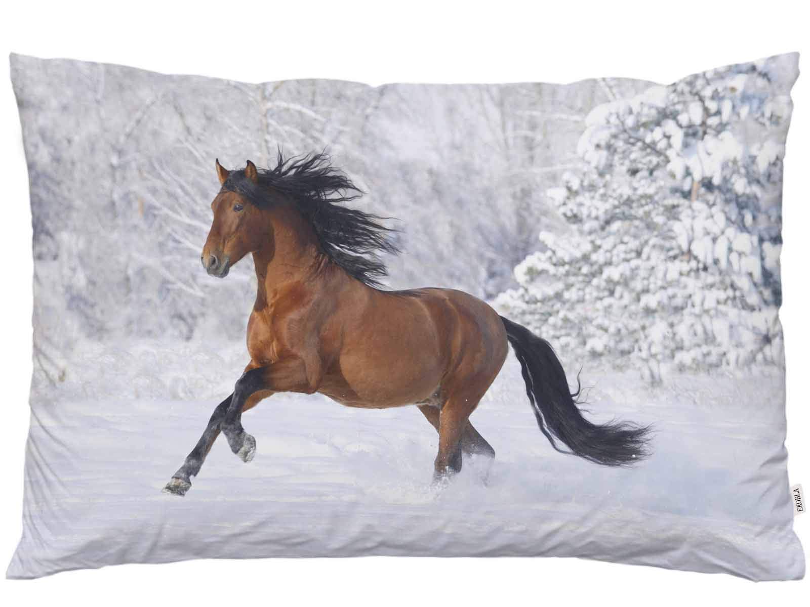 Ekobla Throw Pillow Cover Brown Horse Running Horse Cool Animal Snow Wild Modern Design Winter Nature Decor Lumbar Pillow Case C