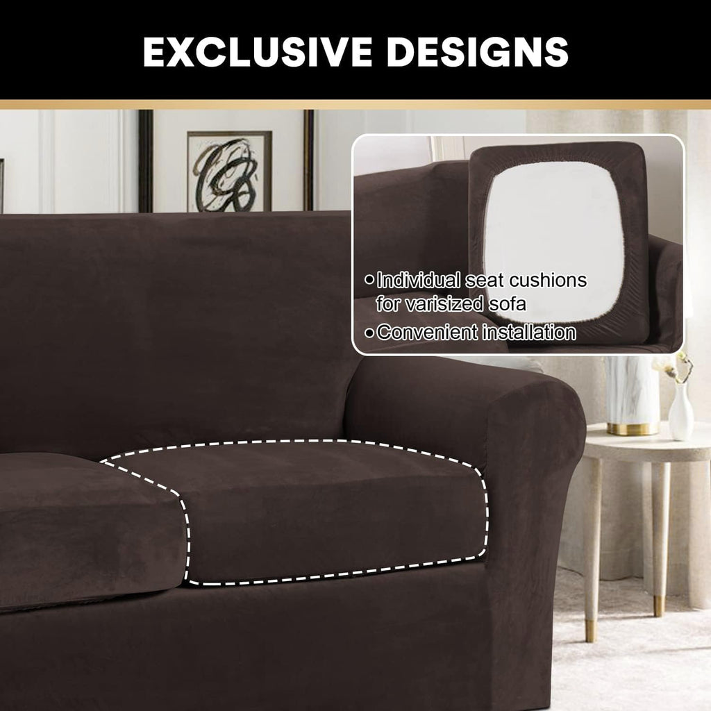 Princedeco 2 Piece Chair Cover Velvet Chair Slipcovers Soft Armchair Cover Furniture Protector With Arms Width Up To 49 Inch Chair Sofa Cover With Individual Cushion Covers(Small, Brown)