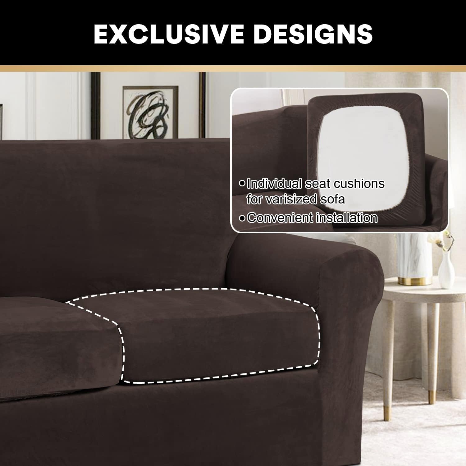 Princedeco 2 Piece Chair Cover Velvet Chair Slipcovers Soft Armchair Cover Furniture Protector With Arms Width Up To 49 Inch Chair Sofa Cover With Individual Cushion Covers(Small, Brown)