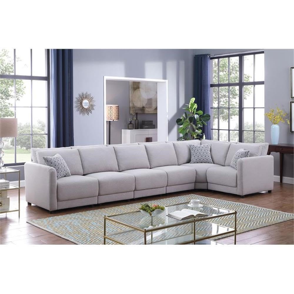 Lilola Home Penelope Light Gray Linen Fabric Reversible 6PC Modular Sectional Sofa with Pillows