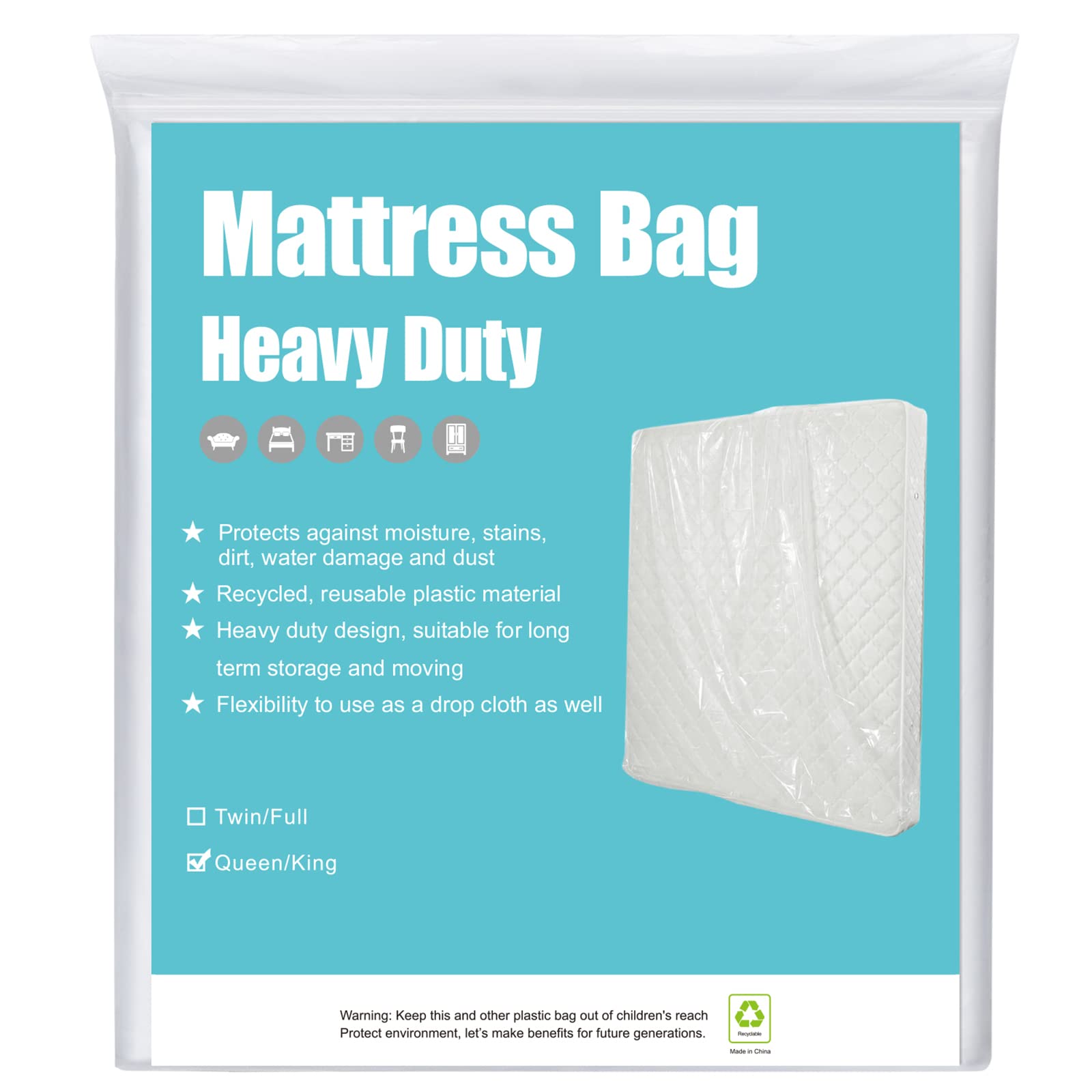 [1-Pack 5-Mil] Homeideas Mattress Bag (Queen/King) For Moving And Storage Opaque Mattress Disposal Bag - Heavy Duty & Tear Resis