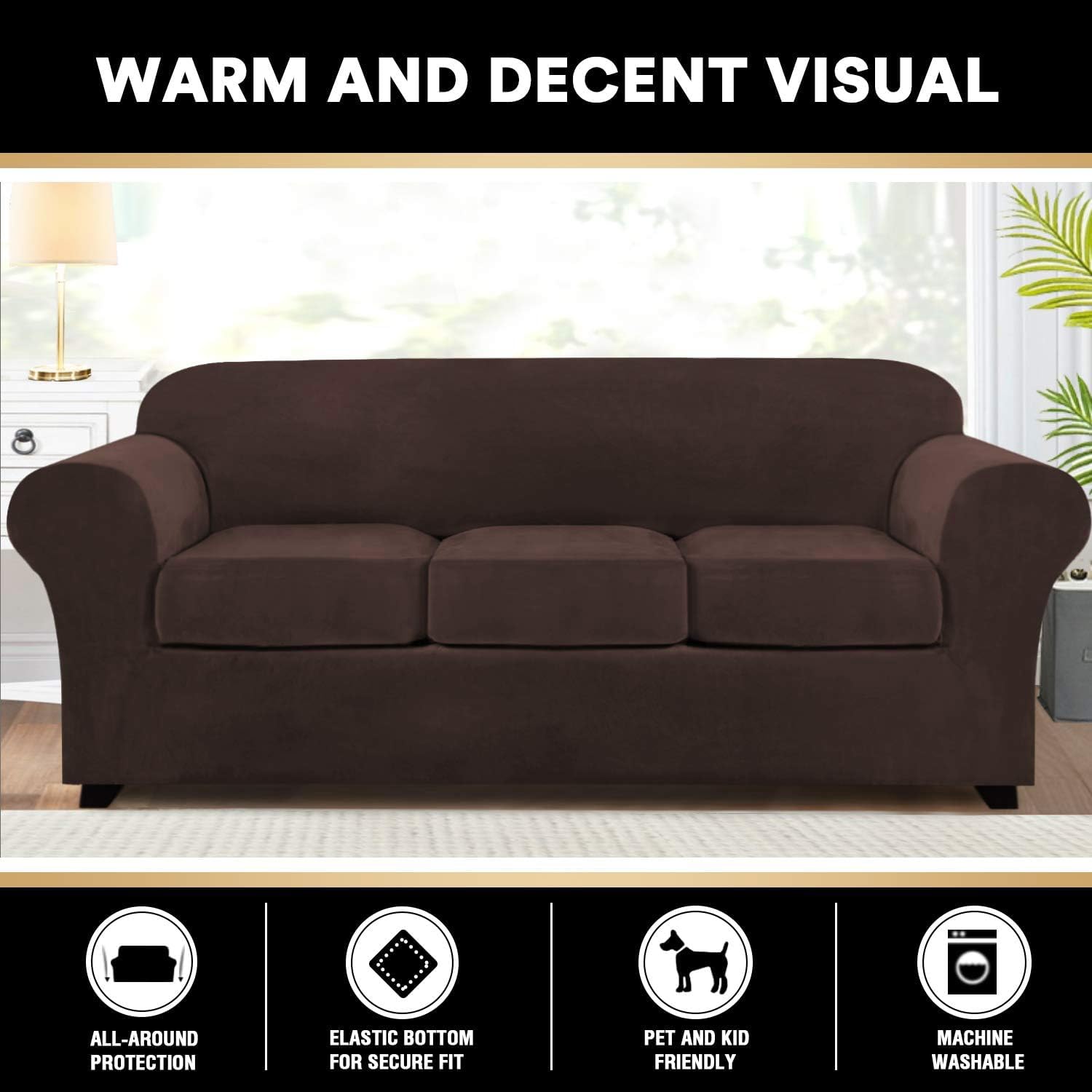 4 Pieces Sofa Covers Stretch Velvet Couch Covers For 3 Cushion Sofa Slipcovers Soft Sofa Slip Covers Furniture Covers With 3 Individual Seat Cushion Covers, Machine Washable (X-Large, Blue)