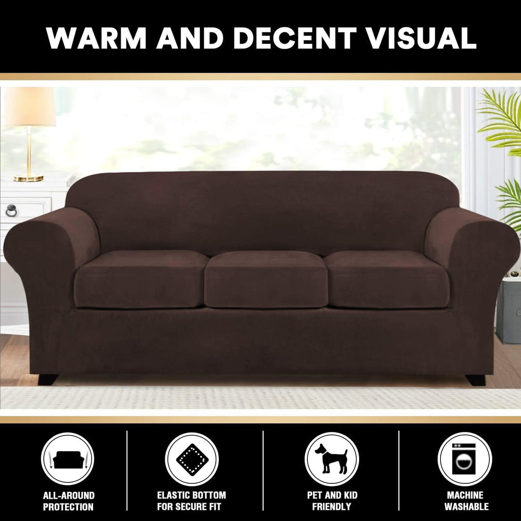 4 Pieces Sofa Covers Stretch Velvet Couch Covers For 3 Cushion Sofa Slipcovers Soft Sofa Slip Covers Furniture Covers With 3 Individual Seat Cushion Covers, Machine Washable (X-Large, Blue)