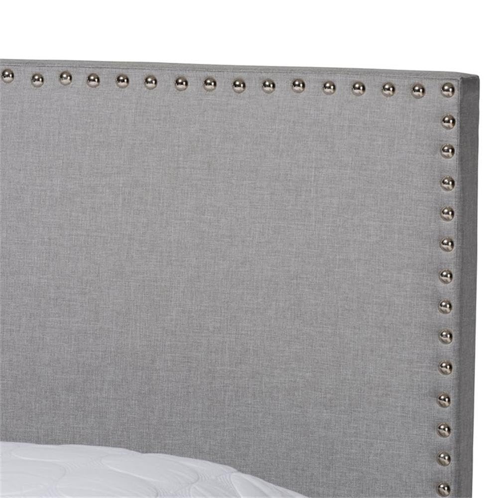 Baxton Studio Ramon Full Size Gray Linen Panel Bed with Nailhead Trim