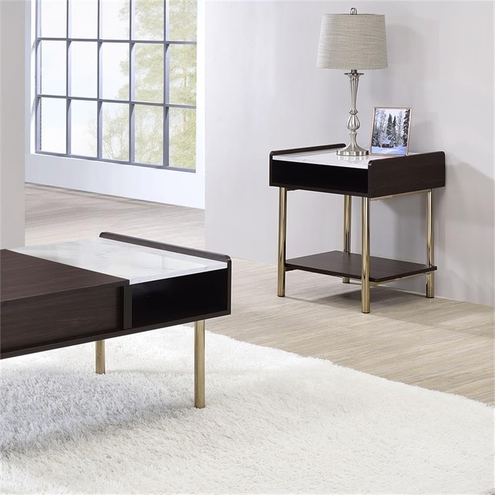 Steve Silver Furniture Versatile Side Table, Nightstand, Faux Walnut And Marble, Iron Base, Adjustable Levelers, Mid-Century, Modern, Contemporary, Easy Assembly, 19'D X 20.25'W X 24'H, Walnut, White