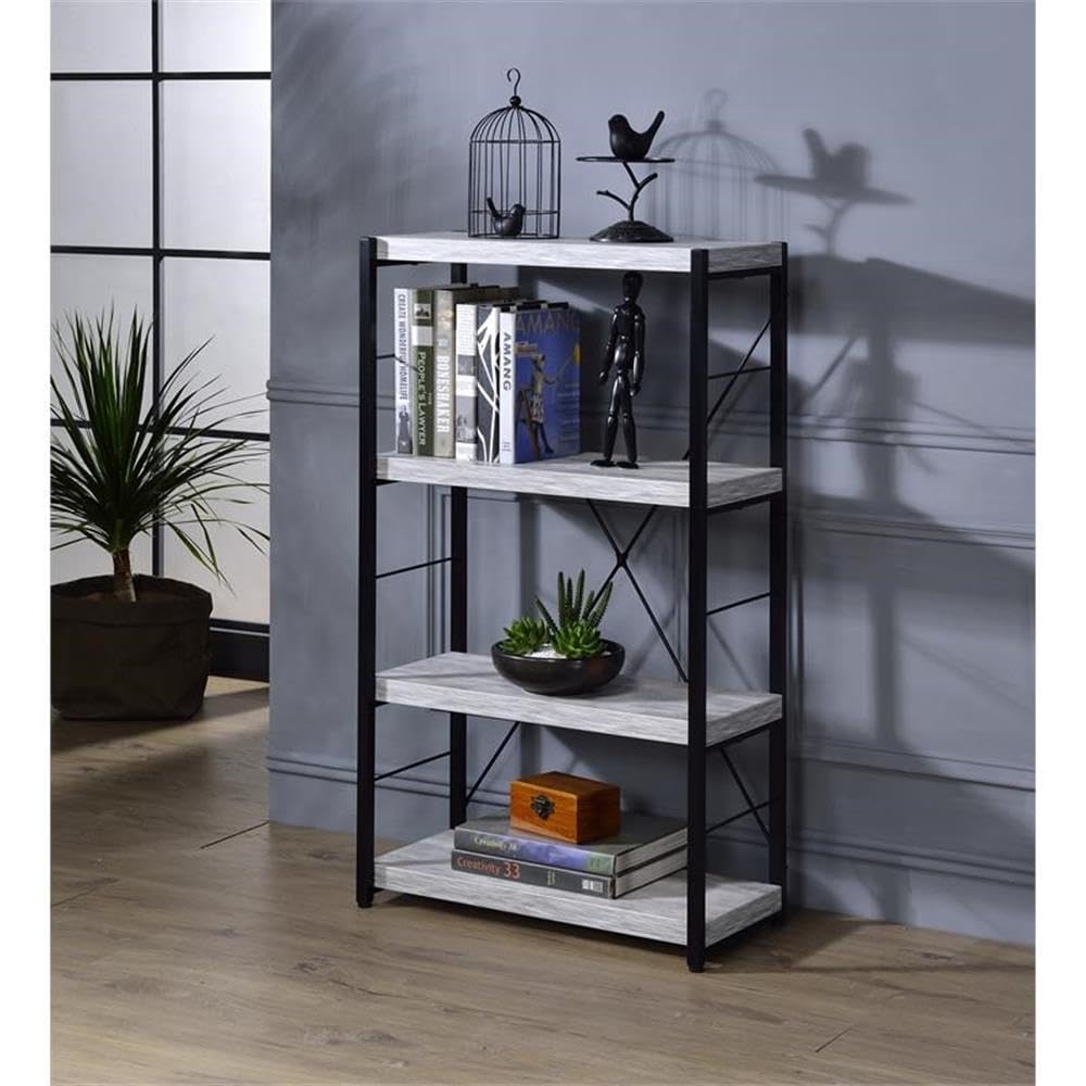 Acme Jurgen 4 Wooden Shelves Rectangular Bookshelf In Antique White And Black