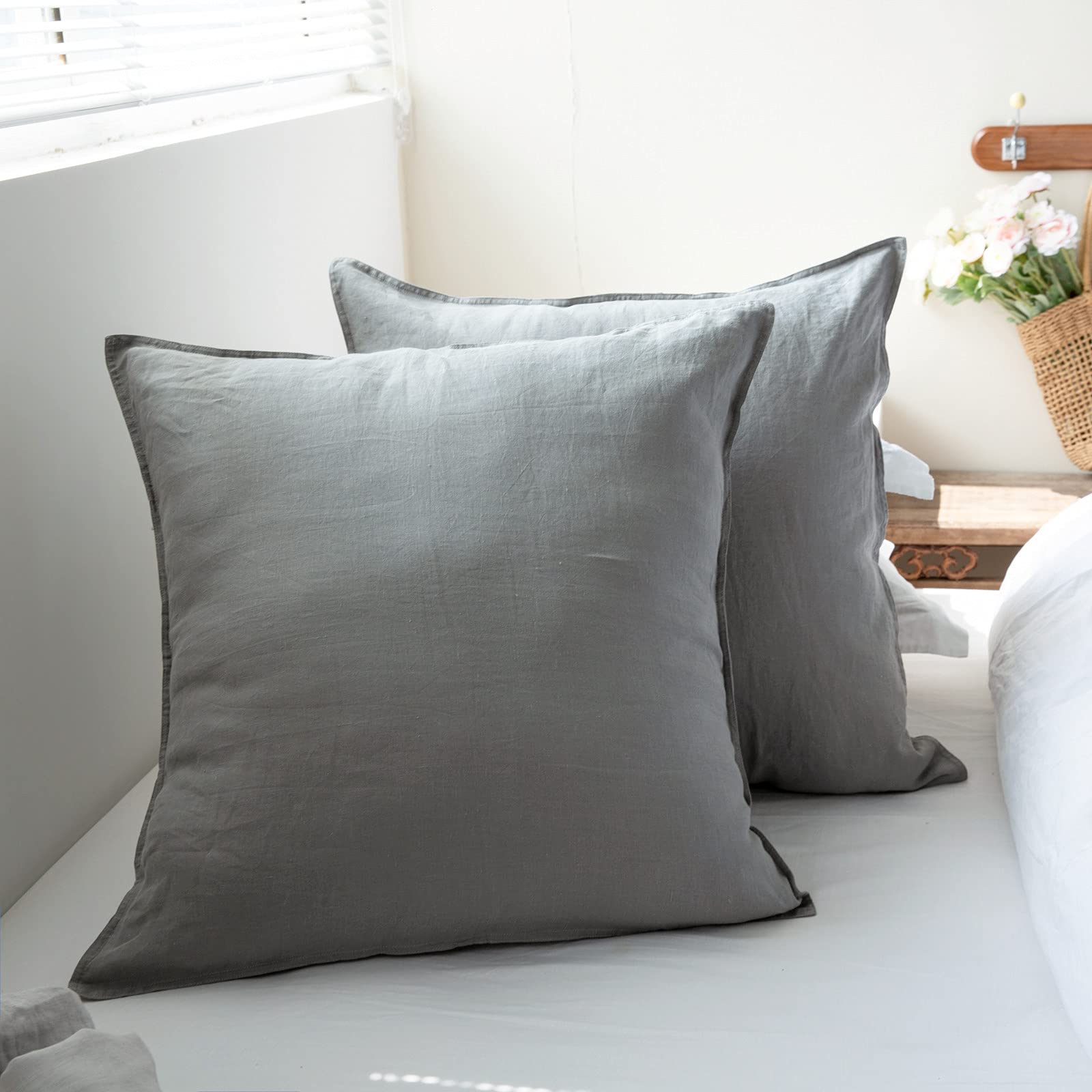 Simple&Opulence 100% Washed Linen Euro Shams Basic Style (26 ' ' X 26 ' ') - Pack Of 2 - Solid Color Pillow Shams Natural Flax S