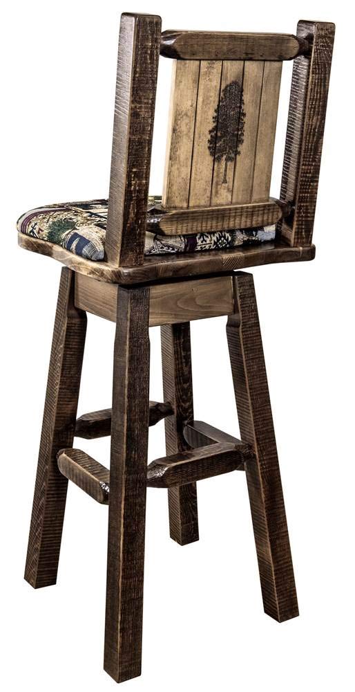 Montana Woodworks Homestead Collection Barstool with Back & Swivel, Upholstered Seat, Woodland Pattern with Laser Engraved Pine Tree Design, Stained & Lacquered