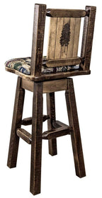 Montana Woodworks Homestead Collection Barstool with Back & Swivel, Upholstered Seat, Woodland Pattern with Laser Engraved Pine Tree Design, Stained & Lacquered