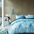 MILDLY Duvet Cover Set Queen Size 100% Egyptian Cotton Aqua White Watercolor Marble Pattern Comforter Cover Set Printed Solid Co