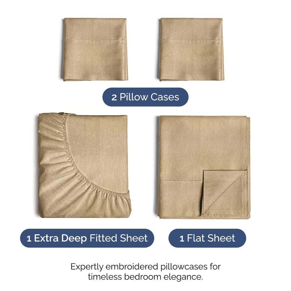 Extra Deep Pocket King Sheets - 4 Piece Breathable & Cooling Bed Sheets - Hotel Luxury Bed Sheet Set - Soft, Wrinkle Free & Comfy - Easily Fits Extra Deep Mattresses - Deep Pocket Heathered Tan Sheets