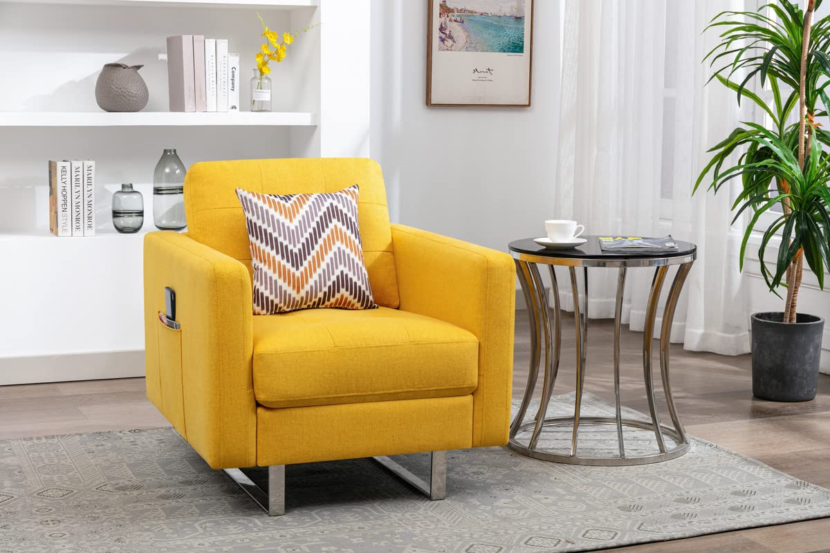 Lilola Home Victoria Yellow Linen Fabric Armchair with Metal Legs, Side Pockets, and Pillow