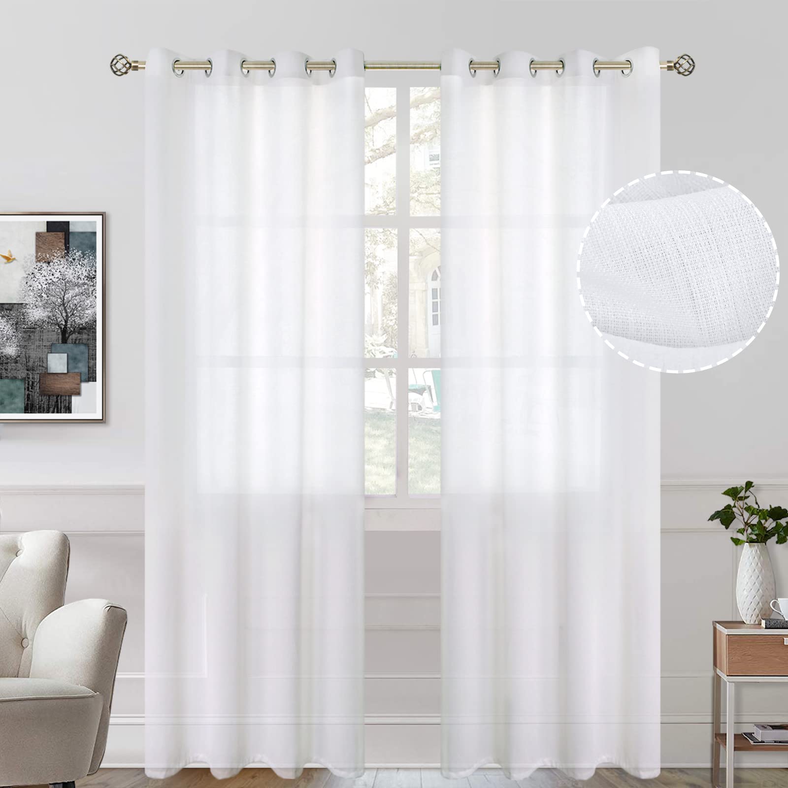 Bgment Natural Linen Look Semi Sheer Curtains For Bedroom, Grommet Light Filtering Breathable Airy Privacy Curtains For Living Room, 2 Panels (Each 52 X 90 Inch, White)