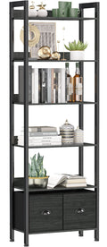 Furologee 6-Tier Bookshelf, Tall Bookcase With 2 Drawers Storage Organizer, Industrial Display Free Standing Shelf Units, Wood And Metal Storage Rack For Home Office, Bedroom, Black Oak