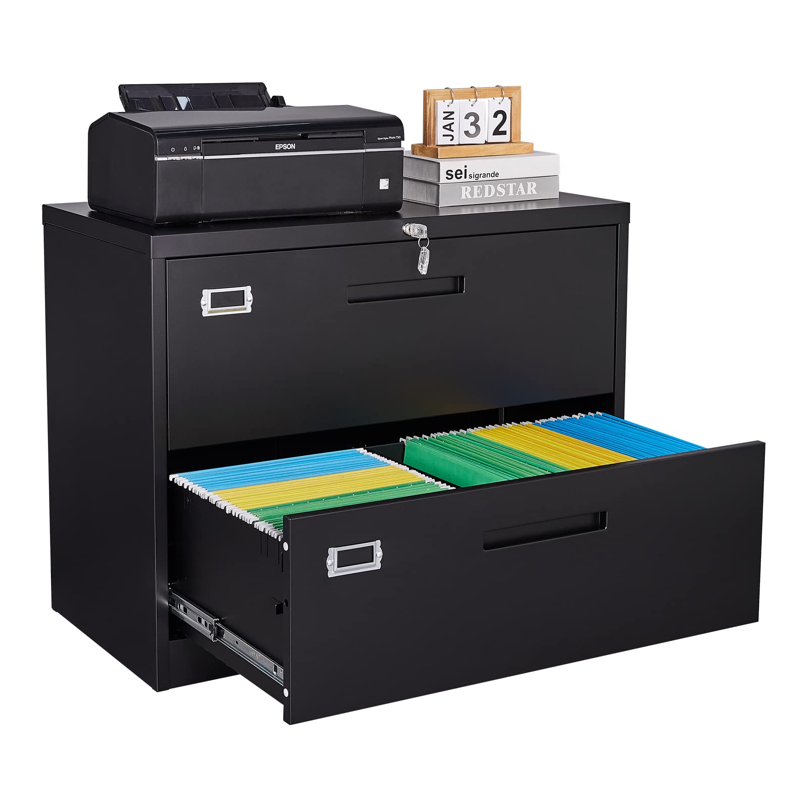 SISESOL 2 Drawer Lateral File Cabinet with Lock,Black Lateral Filing Cabinet,Horizontal Metal Filing Cabinet,Locked Wide Two Dra