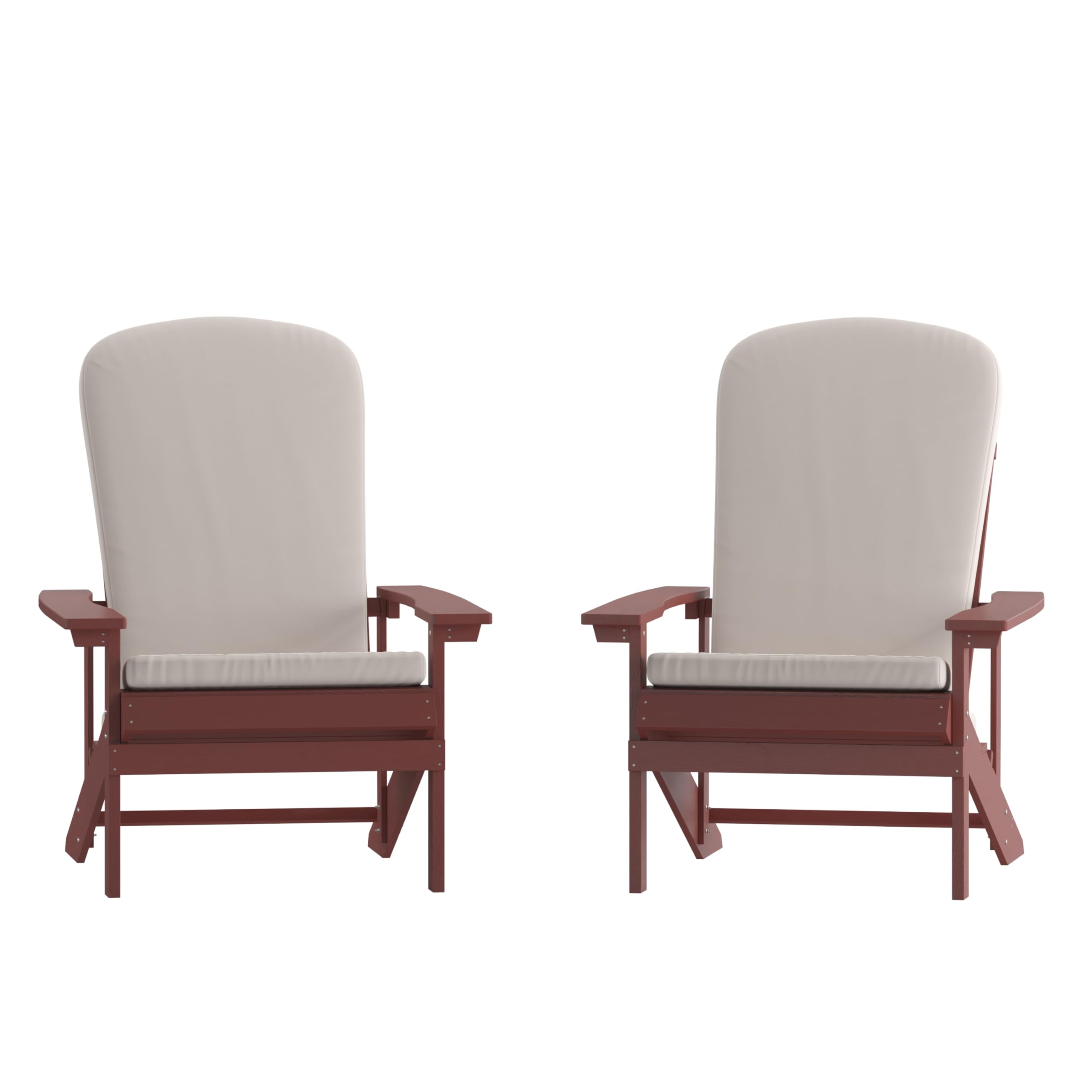 Set of 2 Adirondack Chairs in Red with Cream Cushions for Deck, Porch, and Patio
