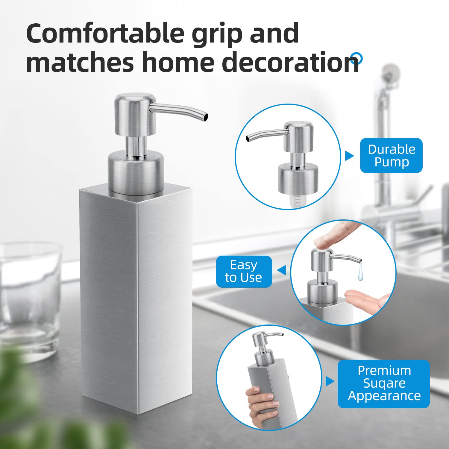 Glubee Stainless Steel Soap Dispenser, Rust-Proof Brushed Nickel Liquid Hand Dish Soap Dispenser Pump For Bathroom & Kitchen, 8.