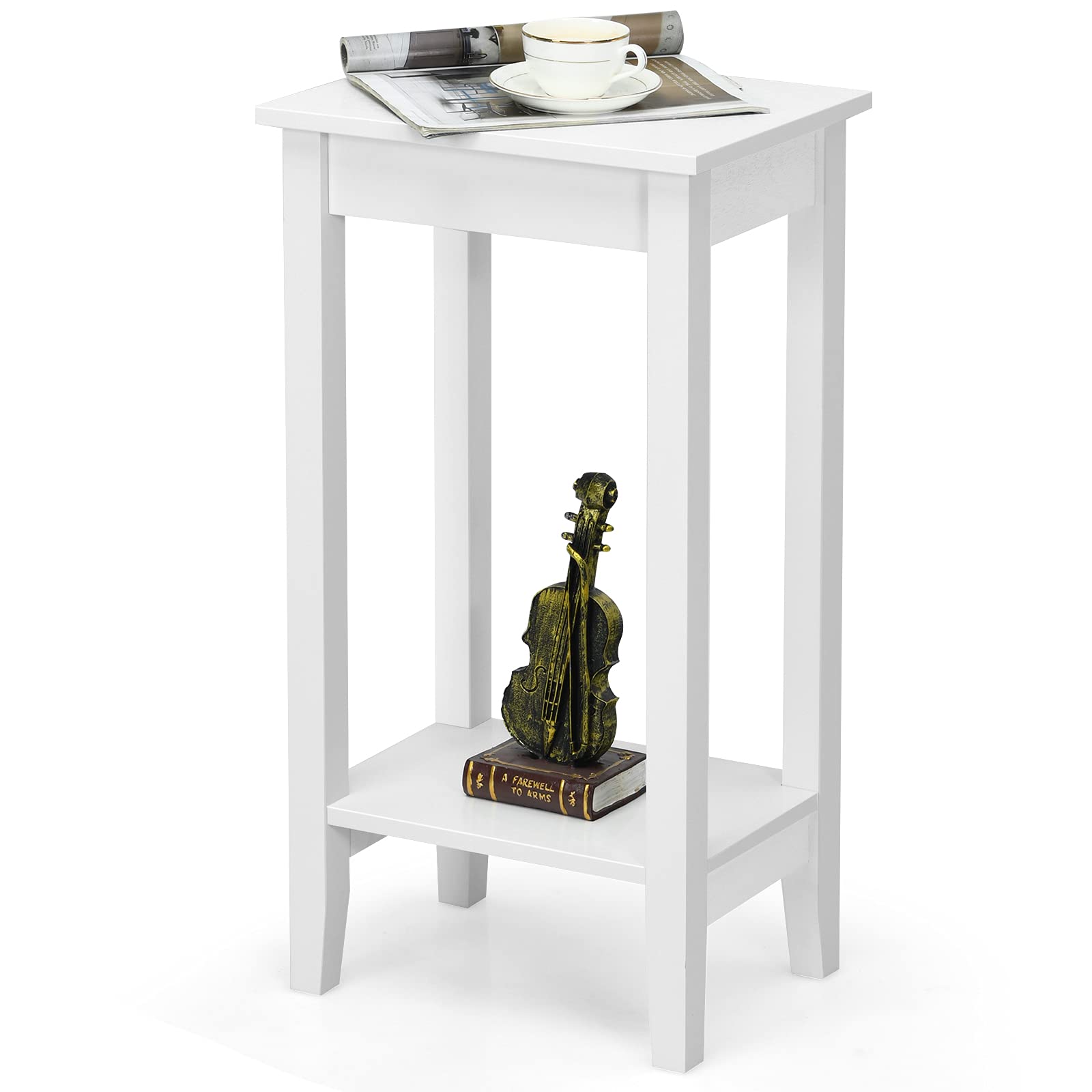 Giantex 2-Tier End Table Tall Nightstand, Simple Design Sofa Bedside Table With Versatile Shelf And Wooden Legs For Small Spaces, Living Room, Study, Bedroom, Narrow Telephone Table, White