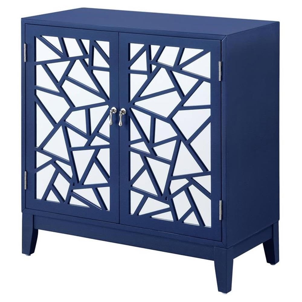 Acme Einstein Wooden Rectangular Console Table with 2 Mirrored Doors in Blue