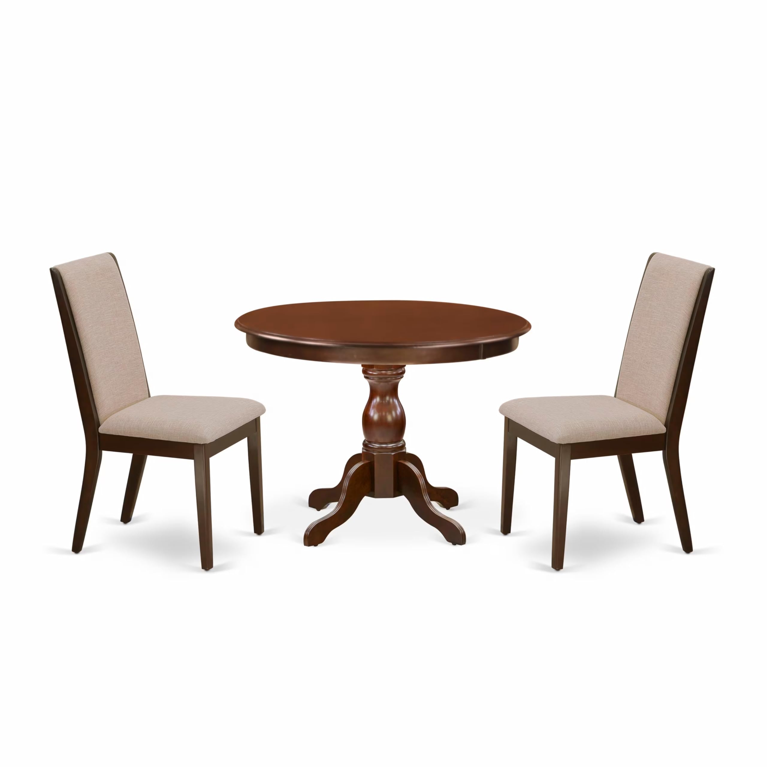 East West Furniture HBLA3-MAH-04 3 Piece Dining Room Table Set Contains a Round Dining Table with Pedestal and 2 Light Tan Linen Fabric Upholstered Parson Chairs, 42x42 Inch, Mahogany