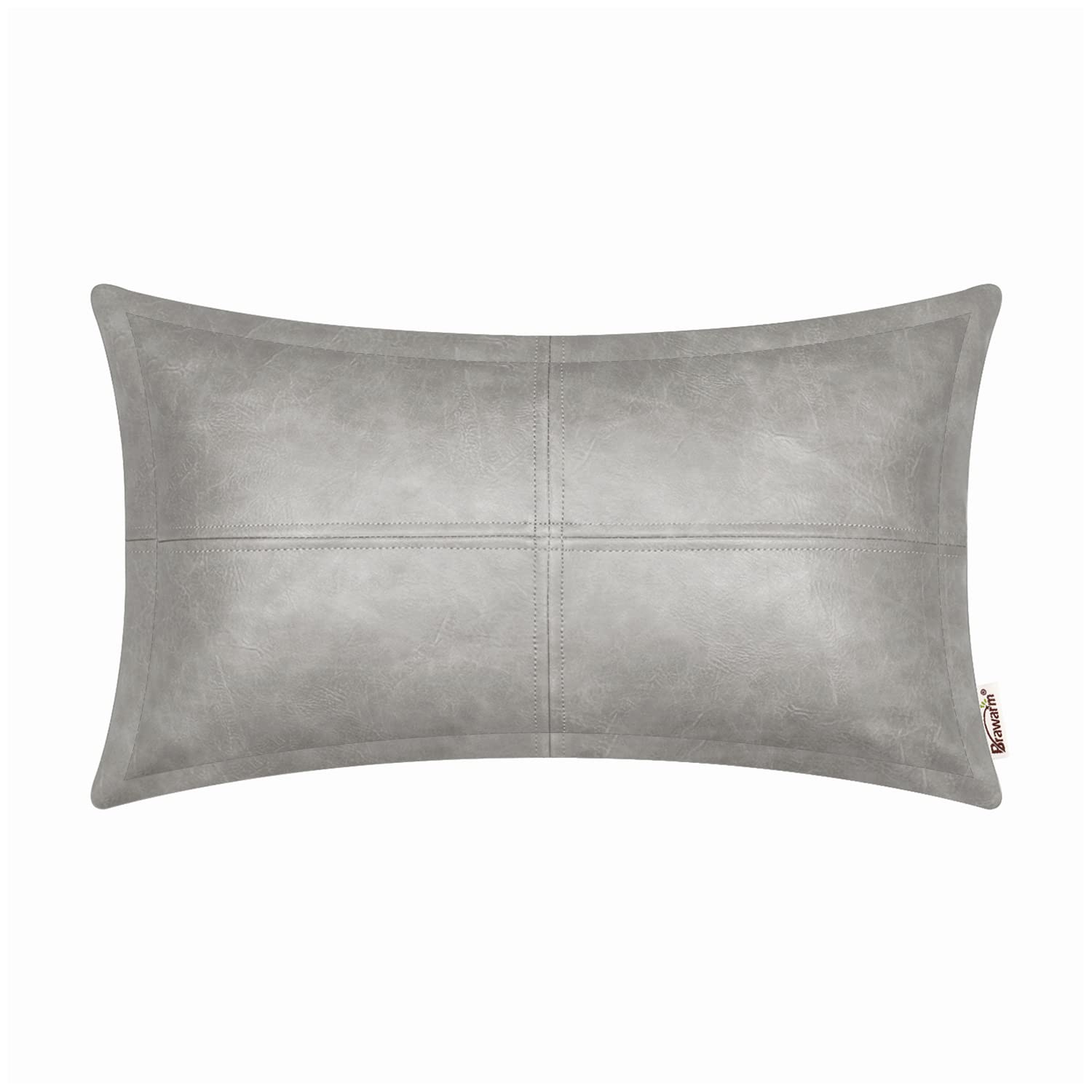 Brawarm Gray Leather Throw Pillow 12 X 20 Inches, Faux Leather Pillow Cover With Piping, Hand Stitched Leather Decorative Lumbar