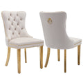 Shenyon Beige Velvet Dining Room Chairs Set Of 2, Upholstered Dining Chairs With Back Ring Pull Trim And Golden Stainless Steel