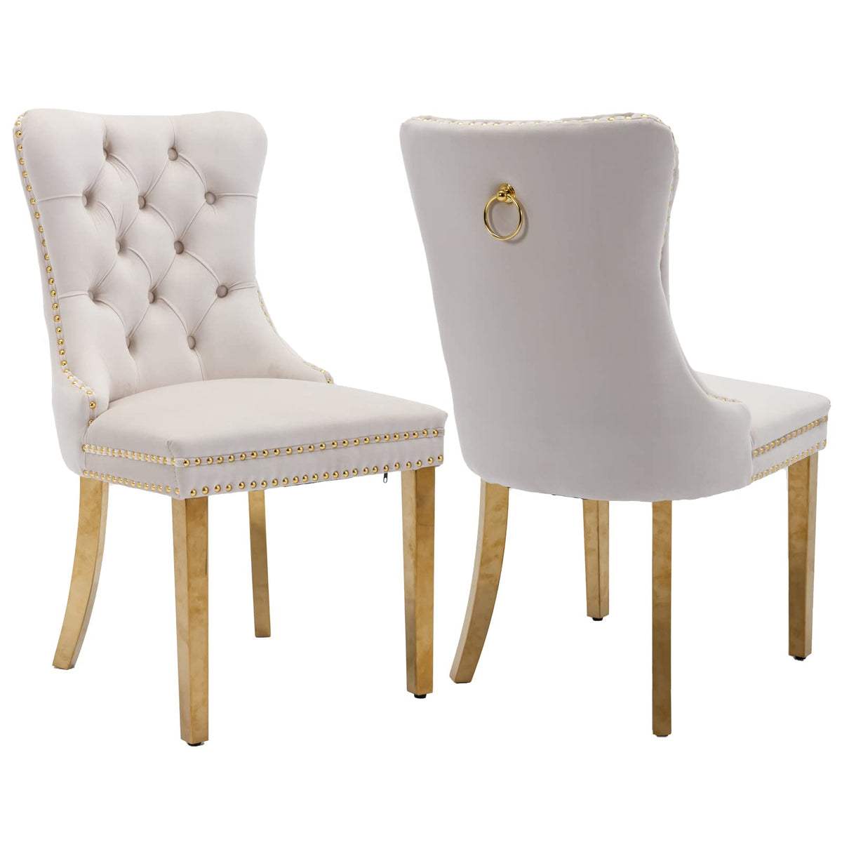Shenyon Beige Velvet Dining Room Chairs Set Of 2, Upholstered Dining Chairs With Back Ring Pull Trim And Golden Stainless Steel