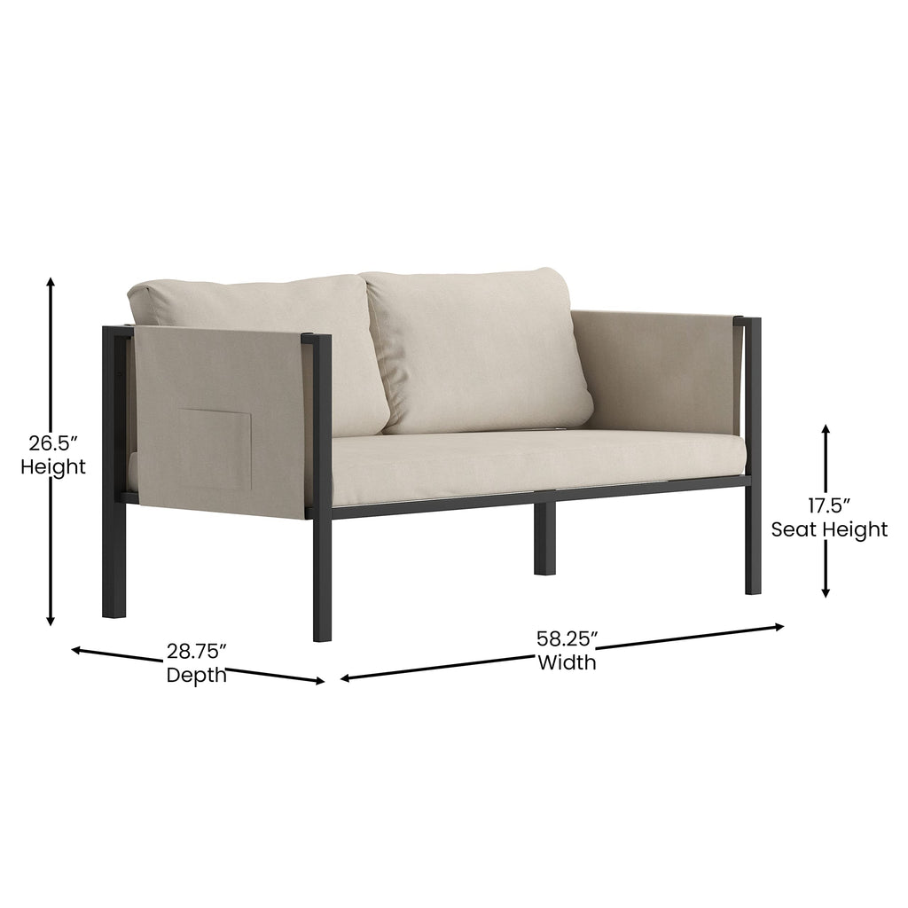 Flash Furniture Lea Indoor/Outdoor Loveseat With Cushions - Modern Steel Framed Chair With Storage Pockets, Black With Beige Cushions