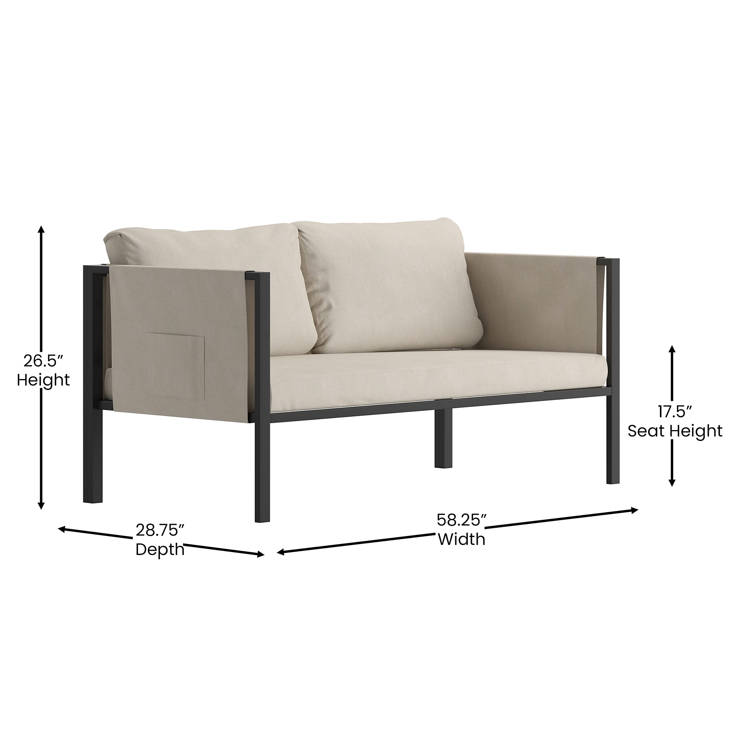 Flash Furniture Lea Indoor/Outdoor Loveseat With Cushions - Modern Steel Framed Chair With Storage Pockets, Black With Beige Cushions