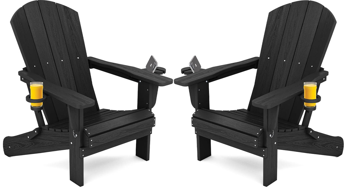 Serwall Hdpe Folding Adirondack Chair With Dual Cup Holder - Composite Adirondack Chair Set Of 2- Black