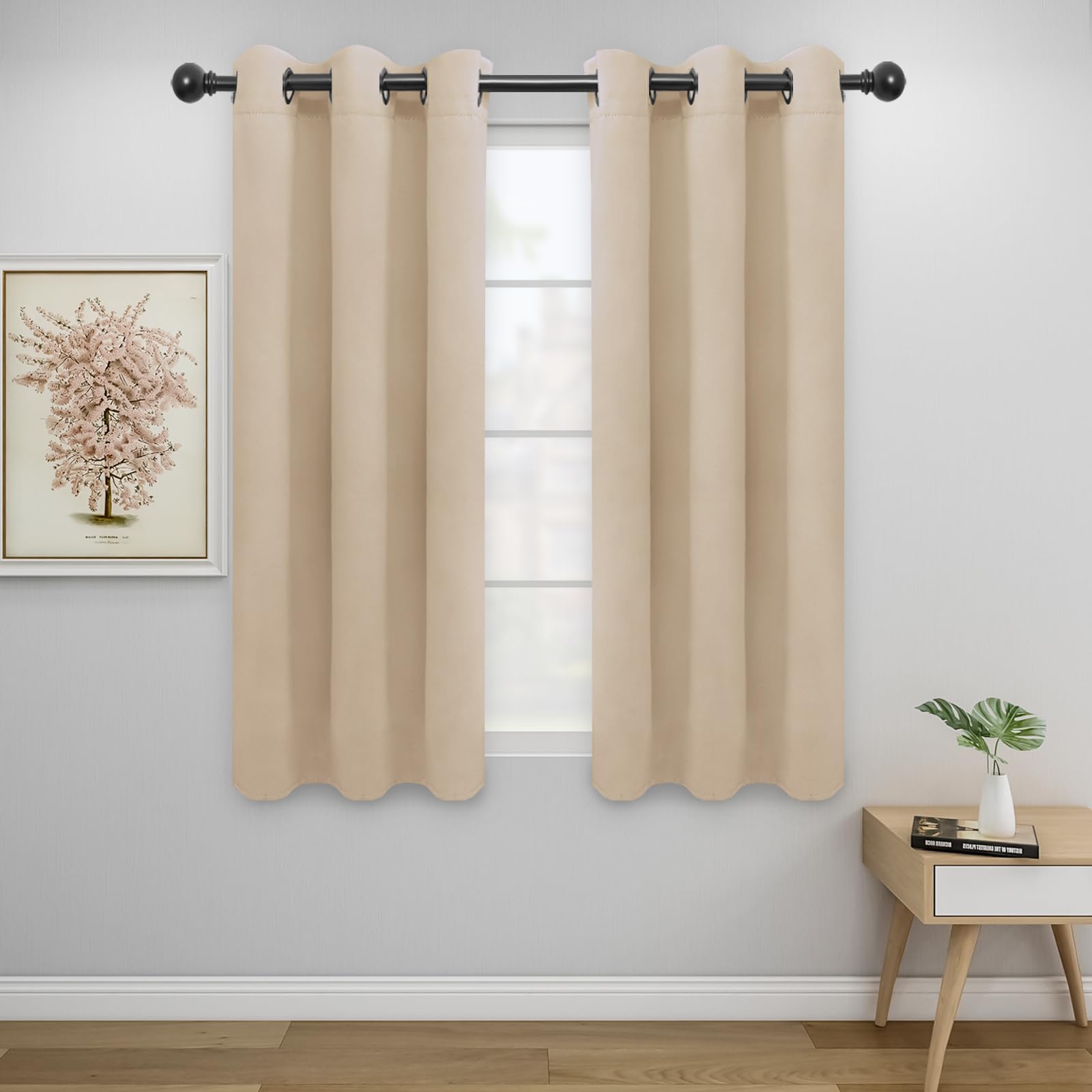 Easy-Going Blackout Curtains For Bedroom, Solid Thermal Insulated Grommet And Noise Reduction Window Drapes, Room Darkening Curtains For Living Room, 2 Panels (34X54 In, Beige)
