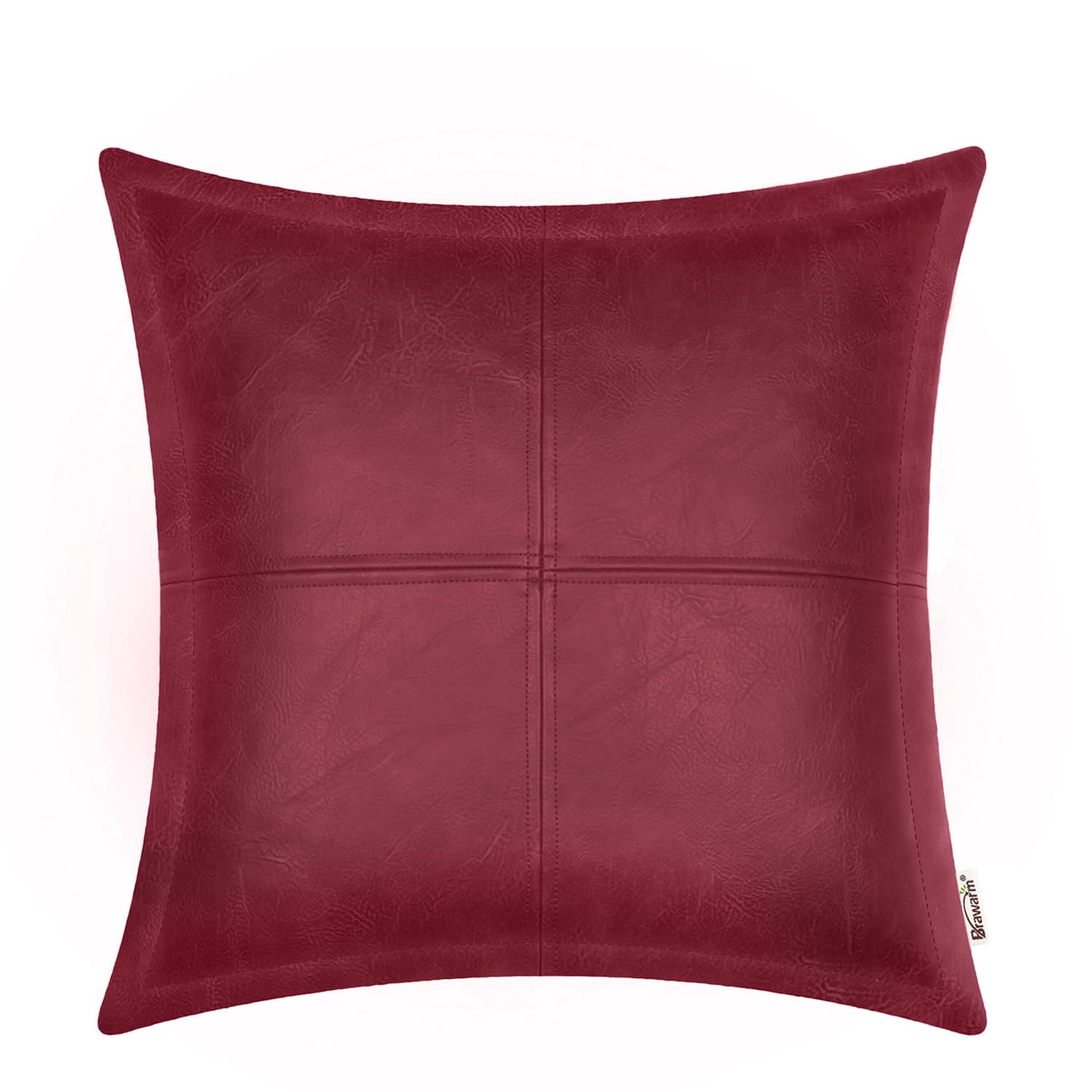 Brawarm Burgundy Leather Throw Pillow 22 X 22 Inches, Faux Leather Pillow Cover With Piping, Hand Stitched Leather Decorative Th