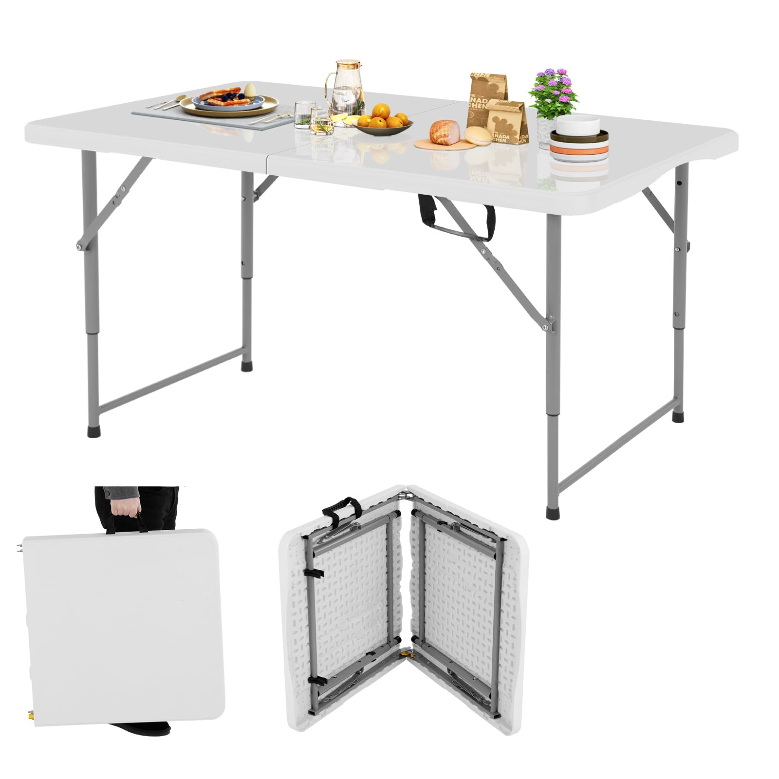 Folding Table 4 ft | Portable Plastic Picnic Table | Adjustable Height Heavy Duty Dining Folding Table for Indoor Outdoor Campin