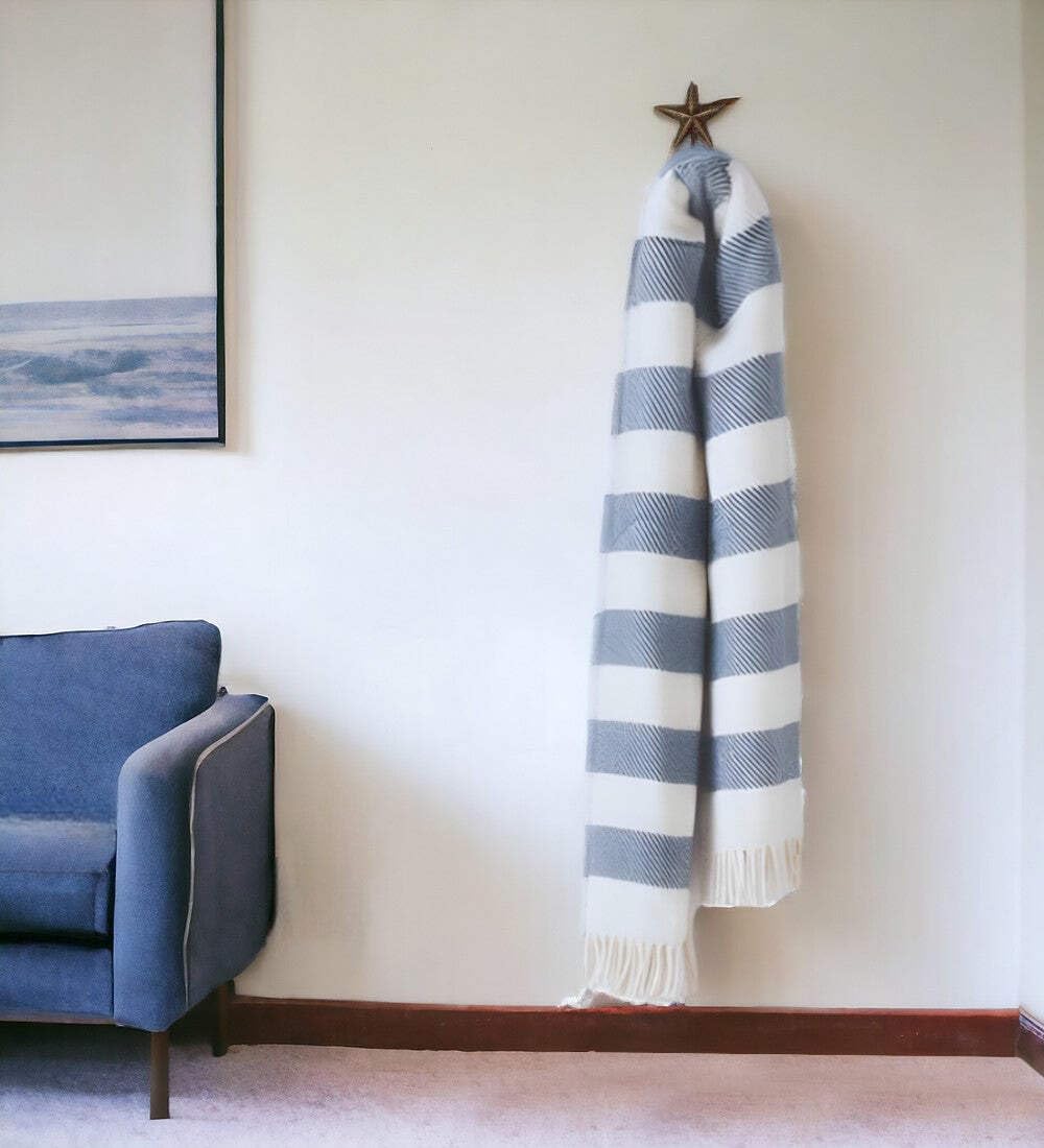 HomeRoots Cream/Slate Cotton/Acrylic Cream and Slate Slanted Stripe Fringed Throw Blanket