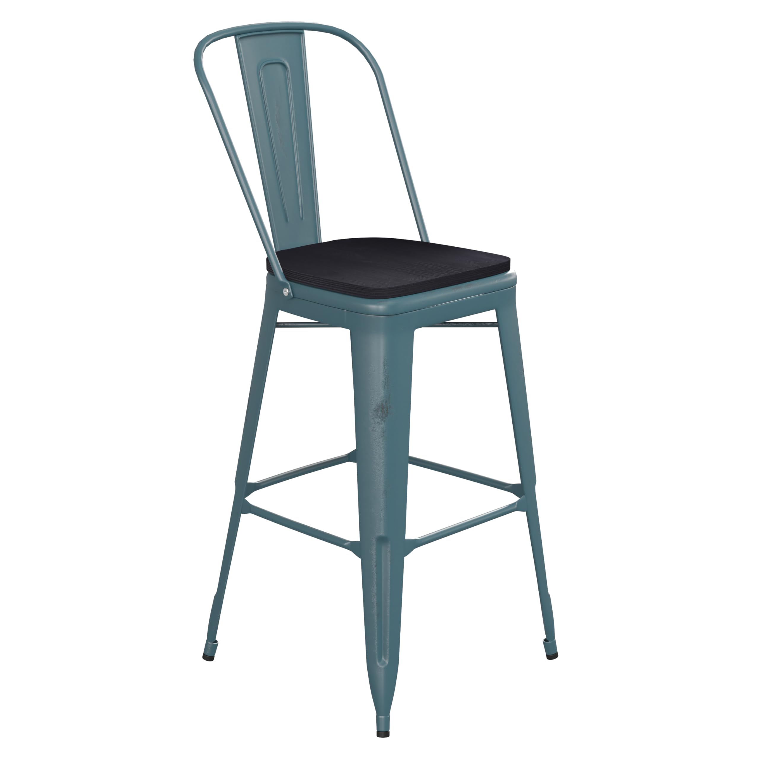 Flash Furniture Carly Commercial Grade 30" High Kelly Blue-Teal Metal Indoor-Outdoor Bar Height Stool with Back and Black Polystyrene Seat