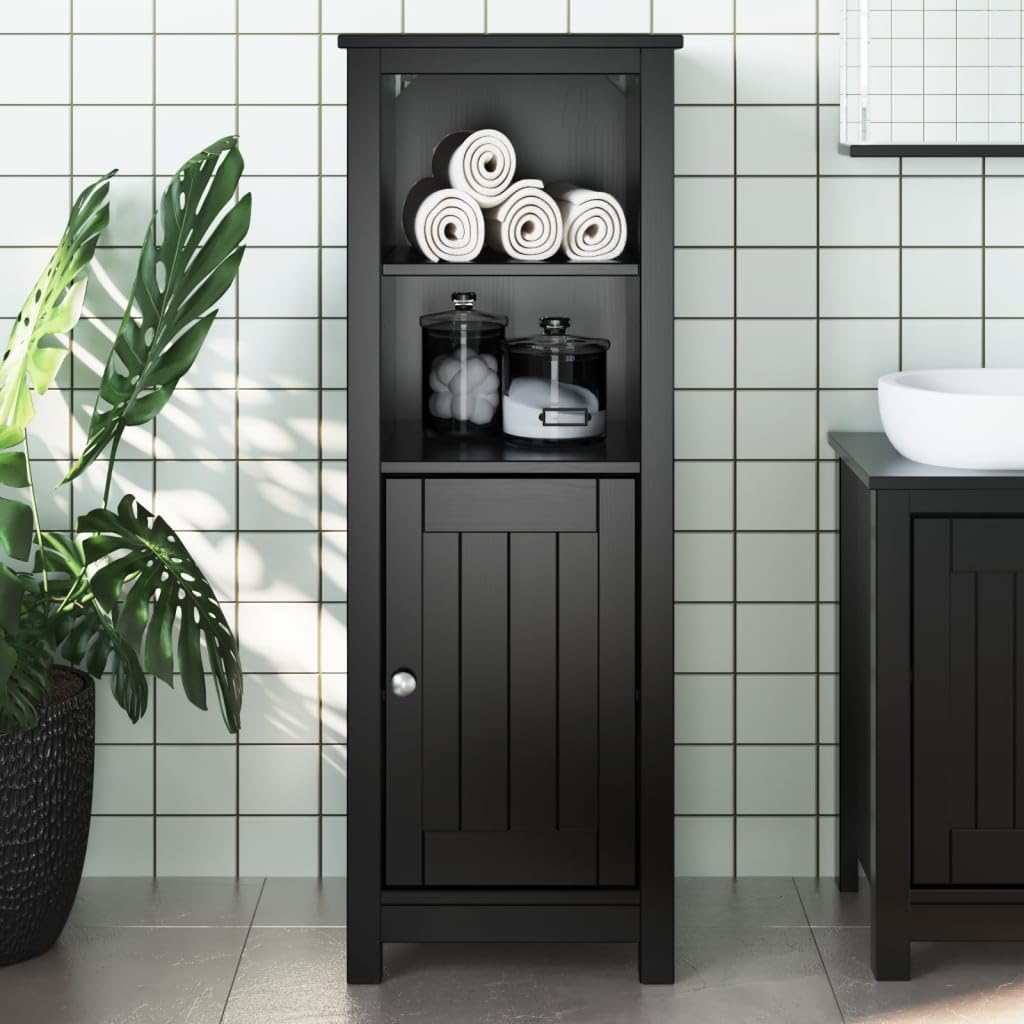 vidaXL Solid Pine Wood Bathroom Cabinet in Stylish Black Finish - Berg Range with Four Shelves and One Door - Compact and Functional Storage Solution, 358545