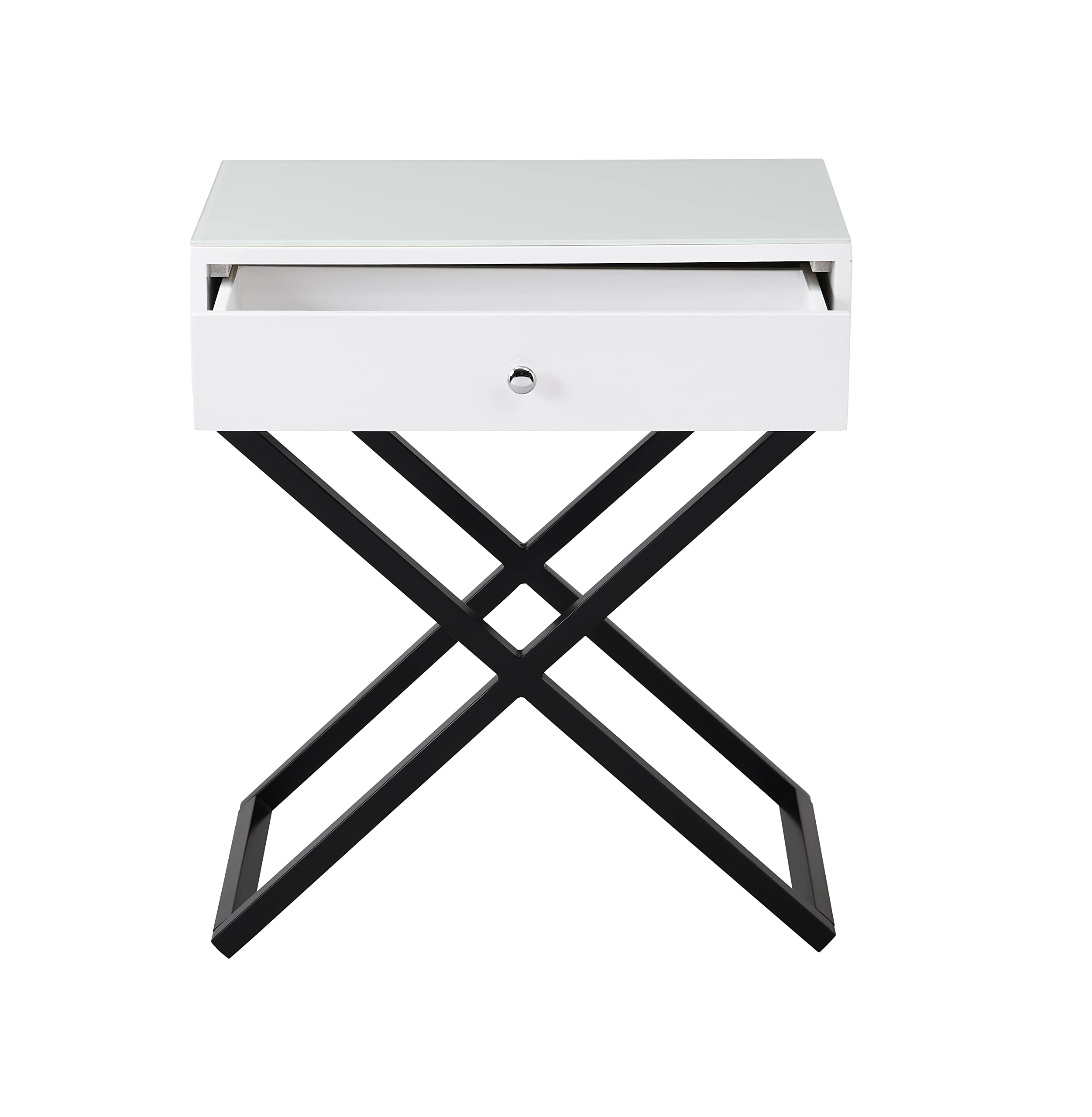 Lilola Home Koda White Wooden End Side Table Nightstand with Glass Top, Drawer and Metal Cross Base