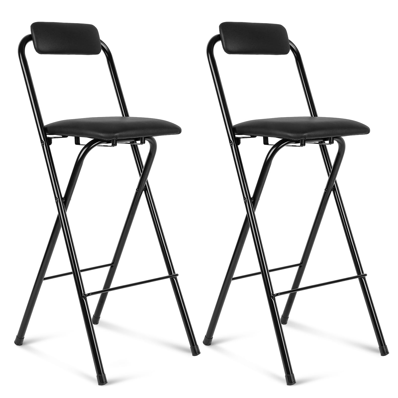 Thyle 2 Pcs Folding Bar Stool With Backrest, Tall Foldable Stool Chair Portable High Folding Bar Chair Counter Height Seat Leather Padded For Kitchen Island Shop Cafe Dining Room Black (29.5 Inch)
