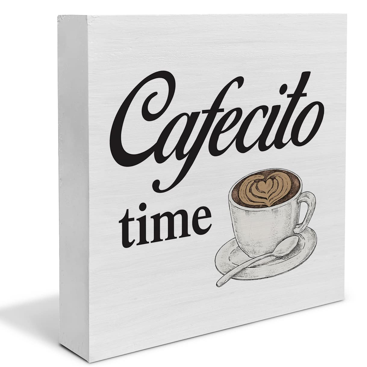 Country Cafecito Time Wood Box Sign Decor Desk Sign Coffee Caffeine Lover Wooden Box Block Sign Rustic Home Kitchen Shelf Tablet