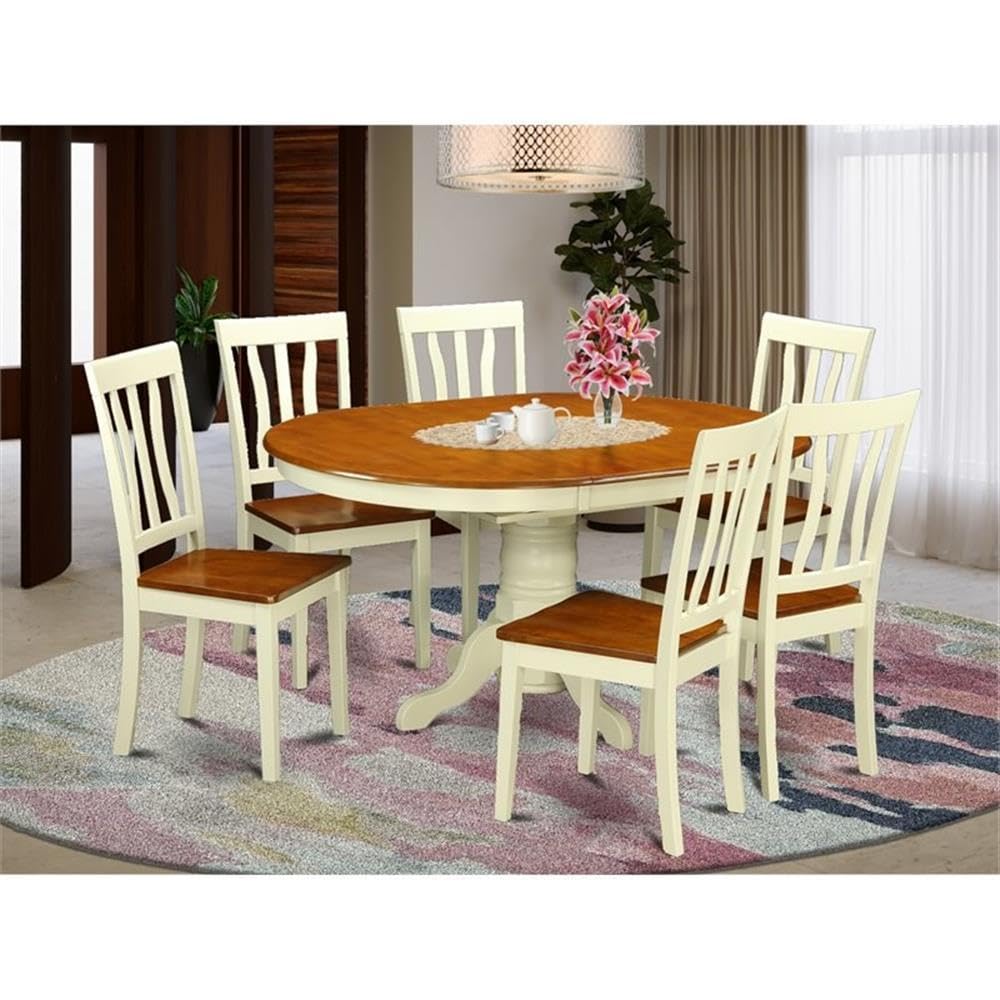 East West Furniture KEAN7-WHI-W 7 Piece Kitchen Table Set Consist of an Oval Dining Table with Butterfly Leaf and 6 Dining Chairs, 42x60 Inch, Buttermilk & Cherry