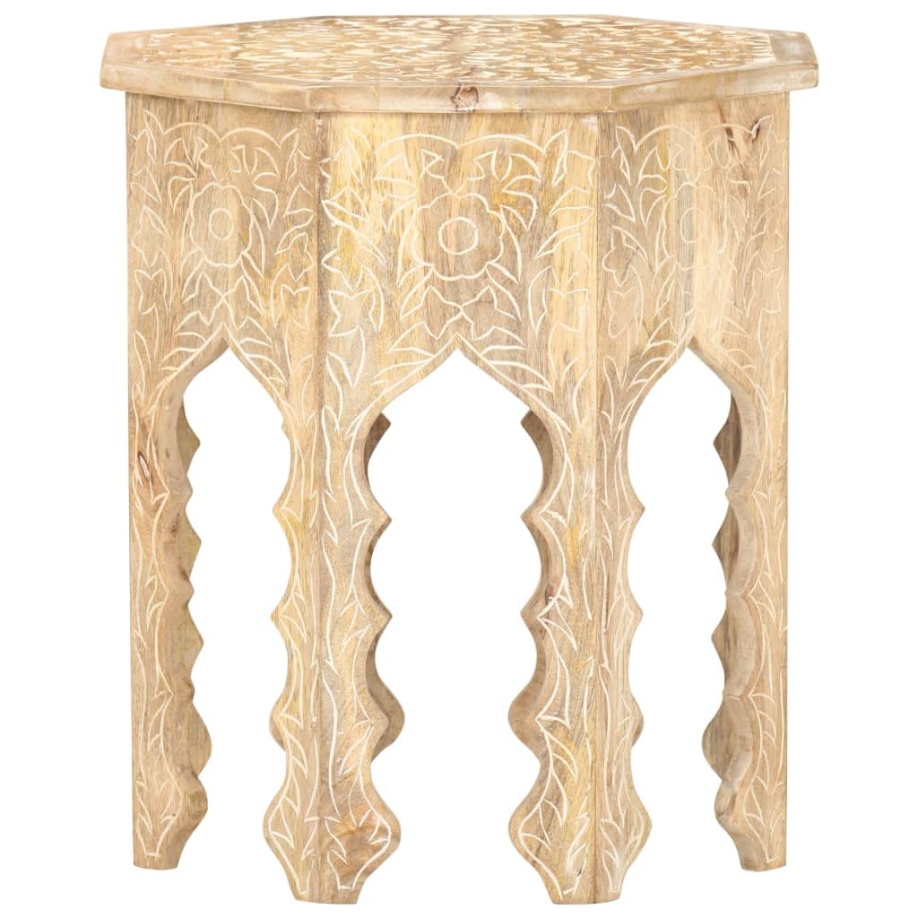 vidaXL Bohemian-Style Side Table in Solid Mango Wood with Hand-Carved Design, Round Wooden Side Accent Table, 18.9" Diameter, No Assembly Required