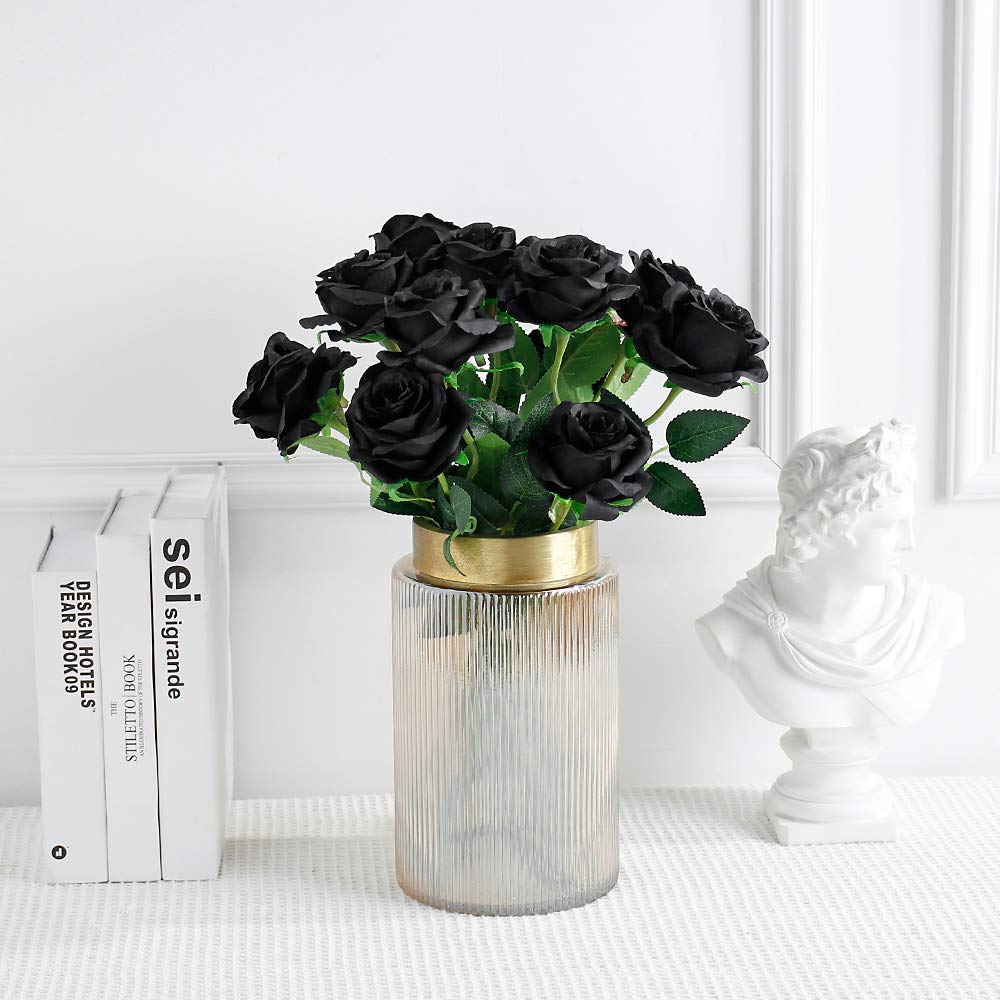 Tifuly Black Roses Artificial Flowers -12 Pcs Realistic Single Long Stem Fake Silk Roses Bouquet For Party Home Wedding Centerpi