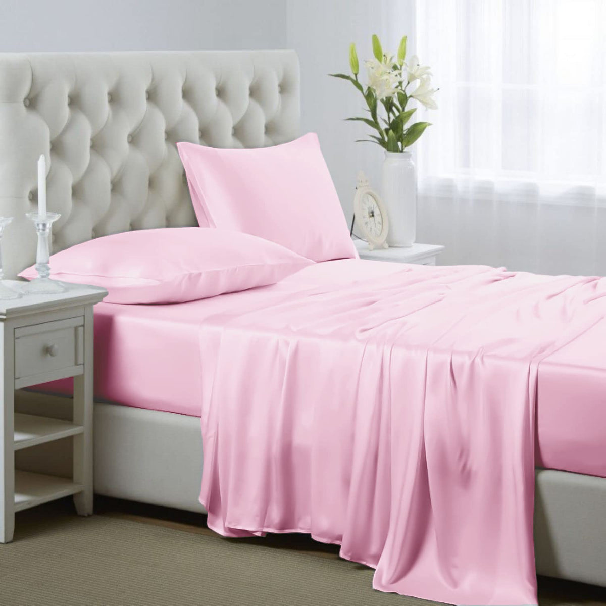 Lanest Housing Silk Satin Sheets, California King Size Satin Bed Sheet Set With Deep Pockets, Cooling Soft And Hypoallergenic Sa