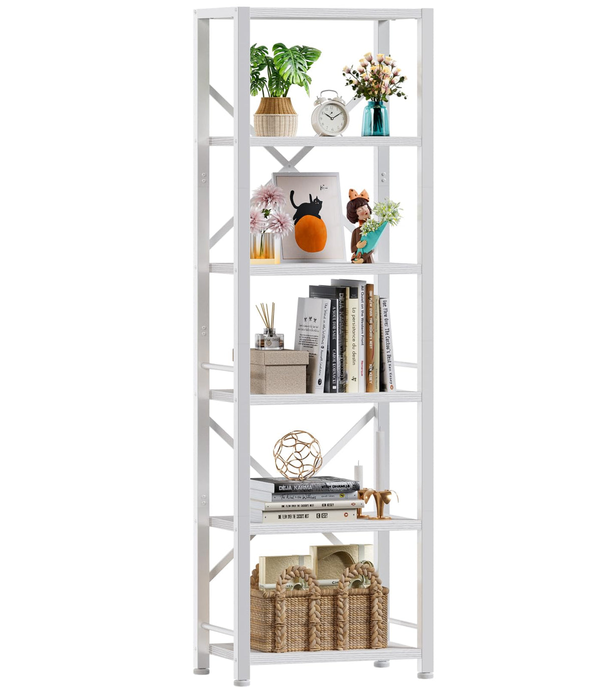 Furologee White Tall Bookshelf, Narrow Bookcase with 6 Shelves, Modern Freestanding Shelf Units, Metal and Wood Display Storage 